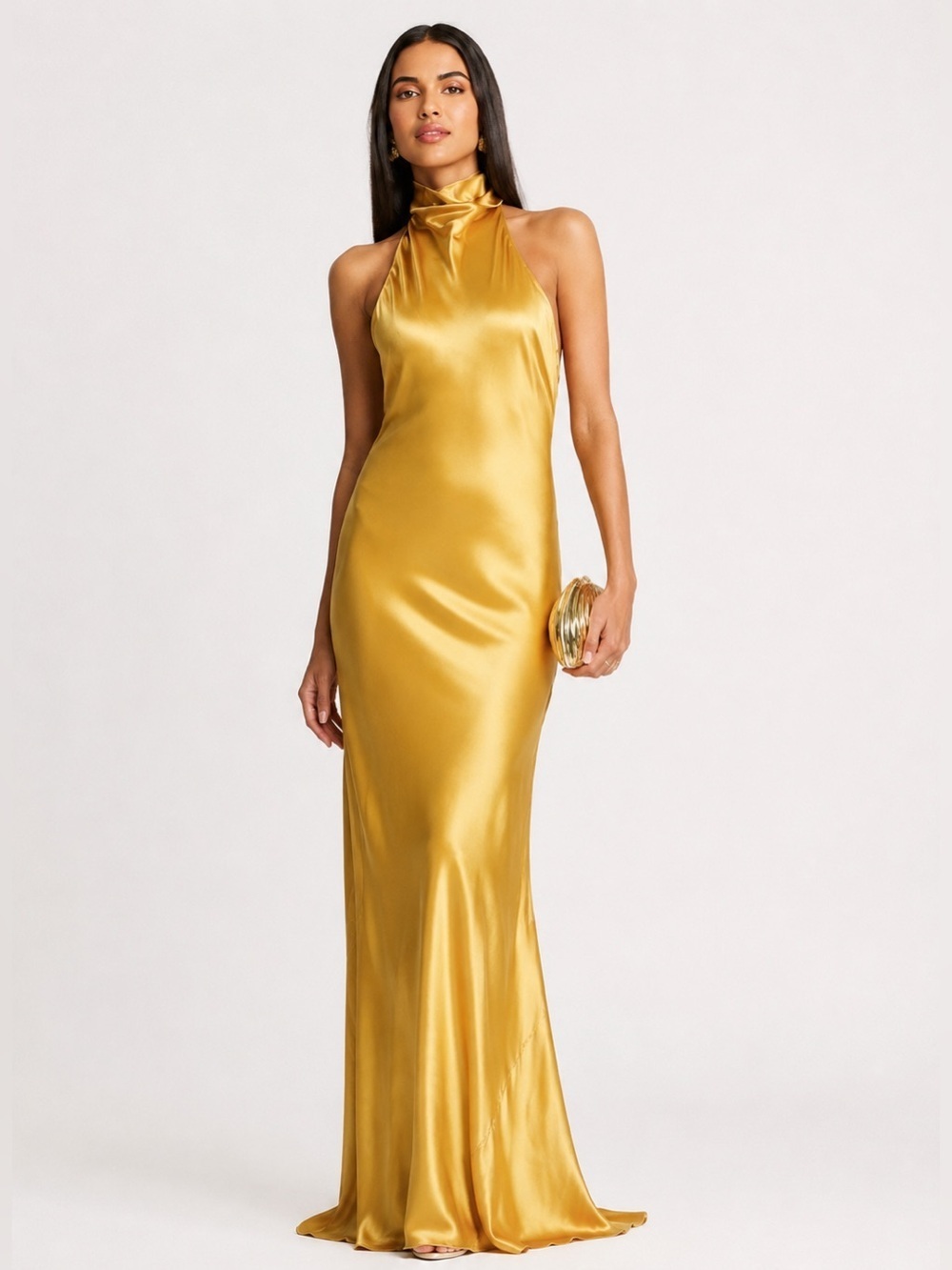 Amanda Uprichard Rainier Gold Silk Open Back Gown Size Large NWT